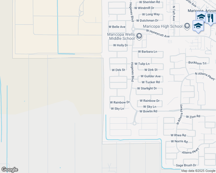 map of restaurants, bars, coffee shops, grocery stores, and more near 18372 Smith Drive in Maricopa