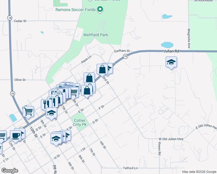 map of restaurants, bars, coffee shops, grocery stores, and more near 415 3rd Street in Ramona