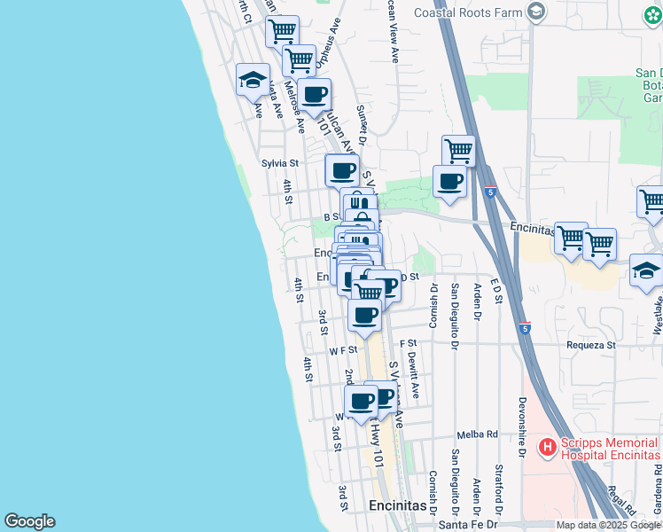 map of restaurants, bars, coffee shops, grocery stores, and more near 433 3rd Street in Encinitas