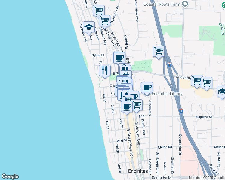 map of restaurants, bars, coffee shops, grocery stores, and more near 433 3rd Street in Encinitas