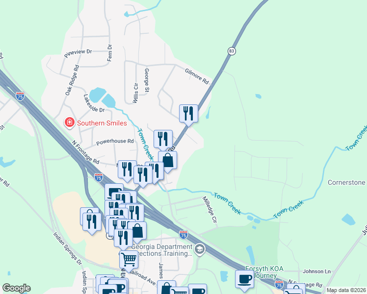 map of restaurants, bars, coffee shops, grocery stores, and more near 521 Cabiness Road in Forsyth