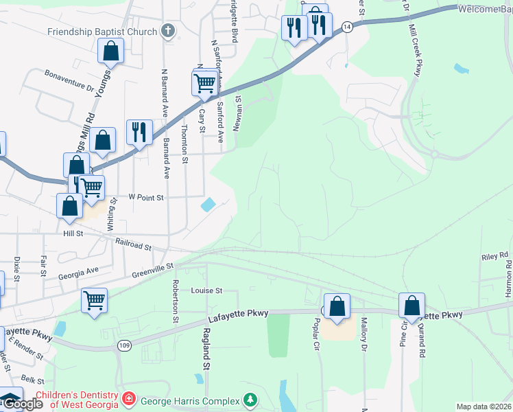 map of restaurants, bars, coffee shops, grocery stores, and more near 13 Fulton Street in LaGrange