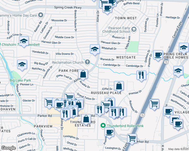 map of restaurants, bars, coffee shops, grocery stores, and more near 816 Cross Bend Road in Plano