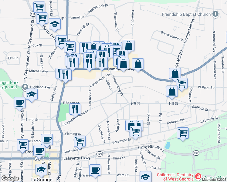 map of restaurants, bars, coffee shops, grocery stores, and more near 102 Foch Street in LaGrange