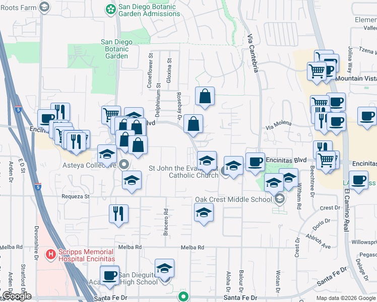 map of restaurants, bars, coffee shops, grocery stores, and more near 911 Encinitas Boulevard in Encinitas
