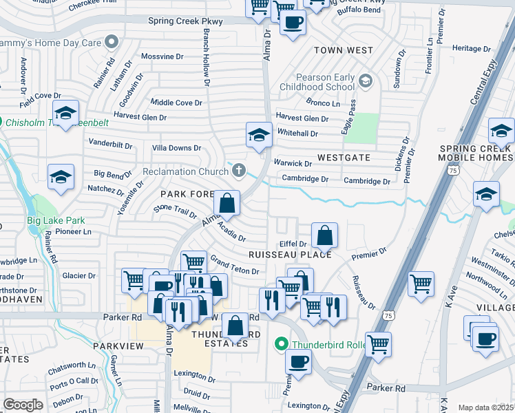 map of restaurants, bars, coffee shops, grocery stores, and more near 816 Cross Bend Road in Plano