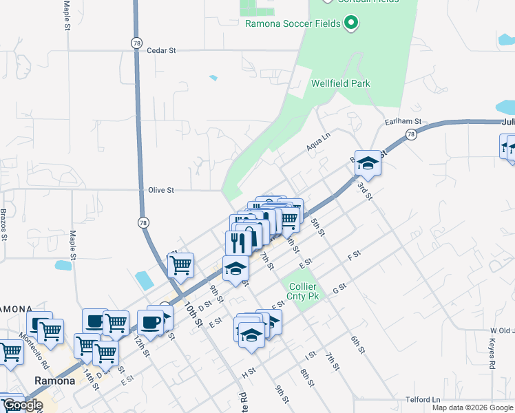 map of restaurants, bars, coffee shops, grocery stores, and more near 632 A Street in Ramona