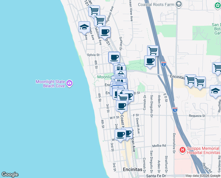 map of restaurants, bars, coffee shops, grocery stores, and more near 2 Encinitas Boulevard in Encinitas