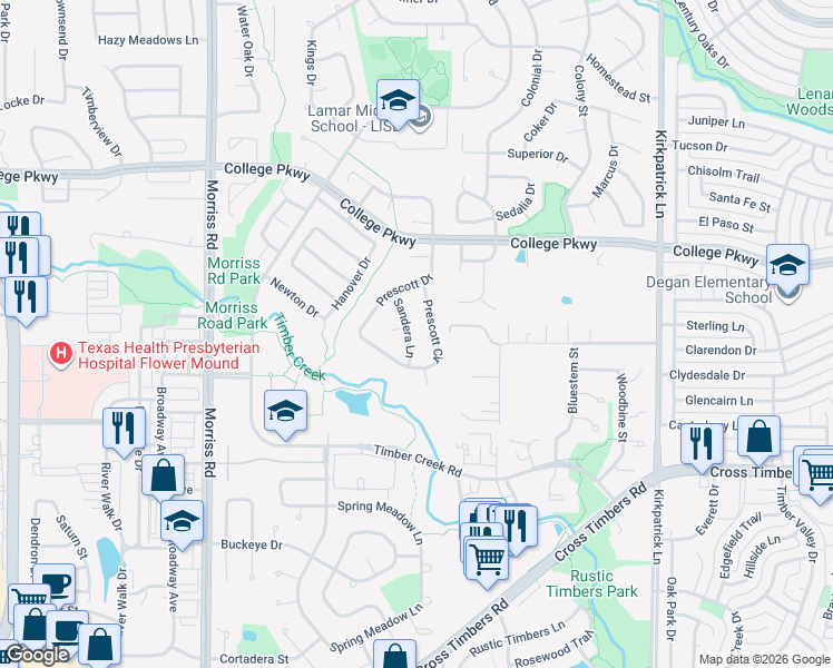 map of restaurants, bars, coffee shops, grocery stores, and more near 4517 Sandera Lane in Flower Mound