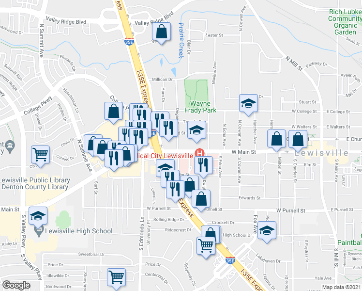 map of restaurants, bars, coffee shops, grocery stores, and more near 591 West Main Street in Lewisville