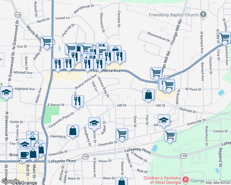 map of restaurants, bars, coffee shops, grocery stores, and more near 125 Foch Street in LaGrange