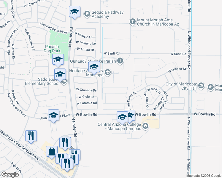 map of restaurants, bars, coffee shops, grocery stores, and more near 40982 West Portis Drive in Maricopa