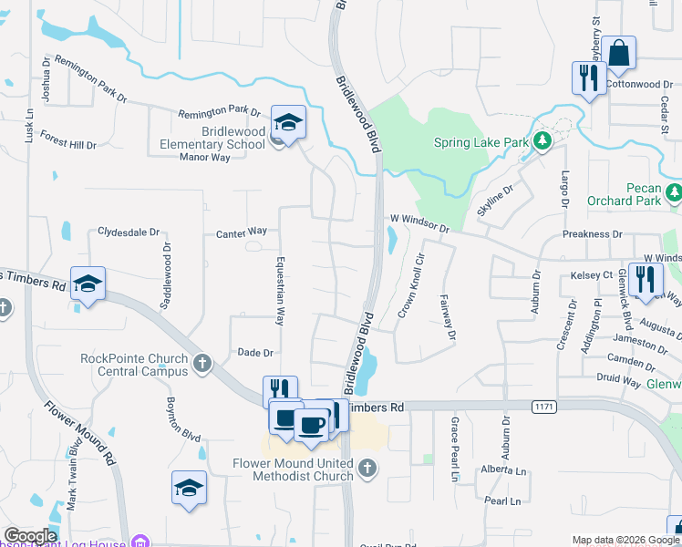 map of restaurants, bars, coffee shops, grocery stores, and more near 4116 Remington Park Court in Flower Mound