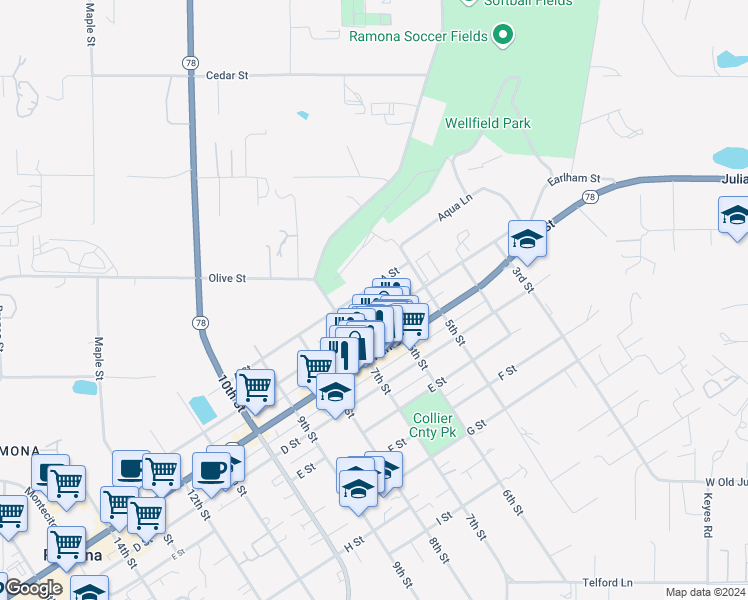 map of restaurants, bars, coffee shops, grocery stores, and more near 605 B Street in Ramona
