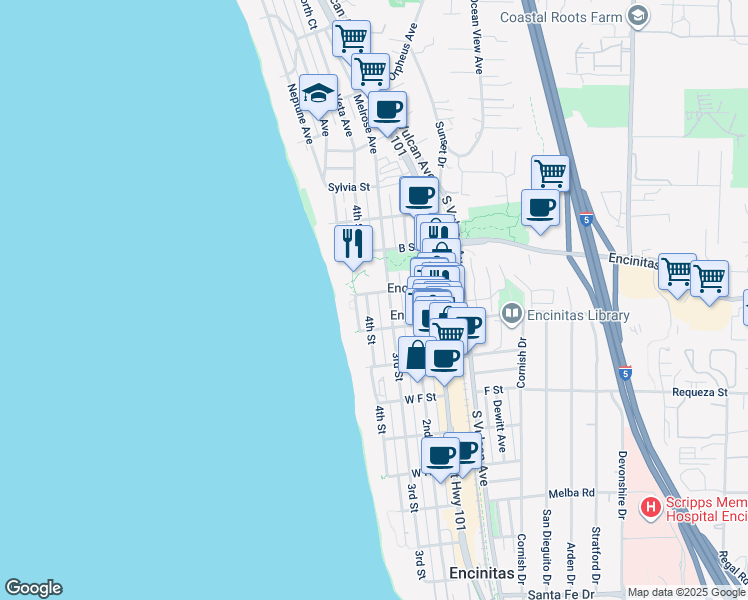 map of restaurants, bars, coffee shops, grocery stores, and more near 426 4th Street in Encinitas