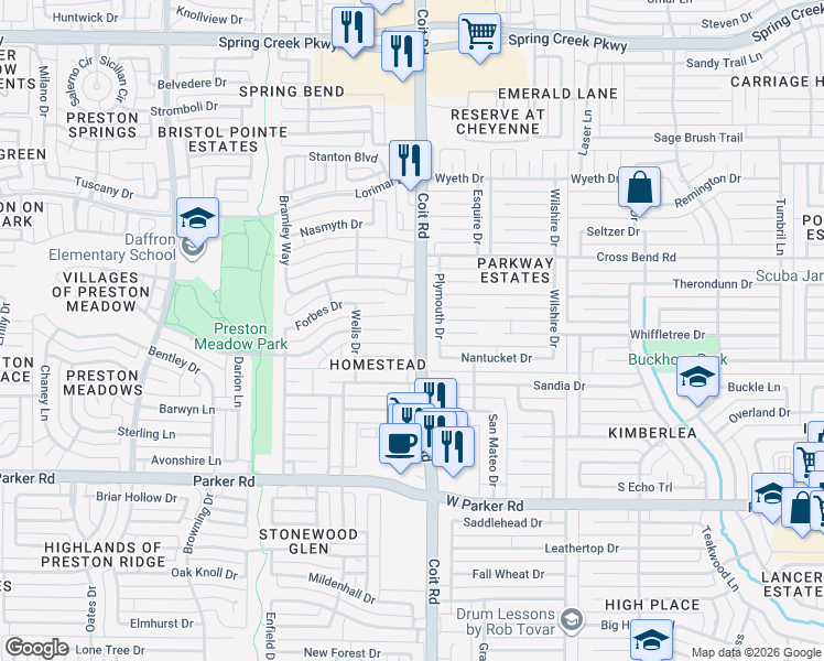 map of restaurants, bars, coffee shops, grocery stores, and more near 4004 Emerson Drive in Plano