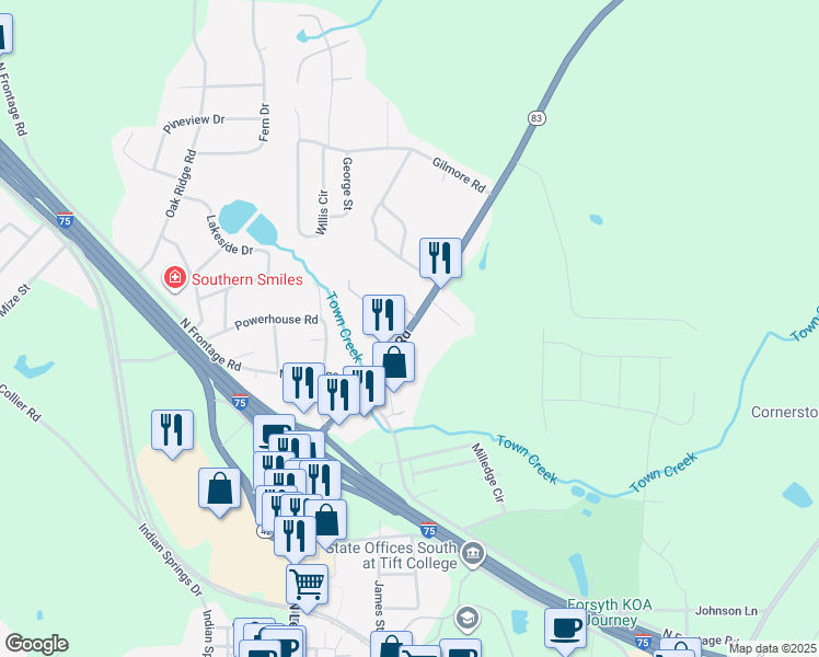 map of restaurants, bars, coffee shops, grocery stores, and more near 521 Cabiness Road in Forsyth