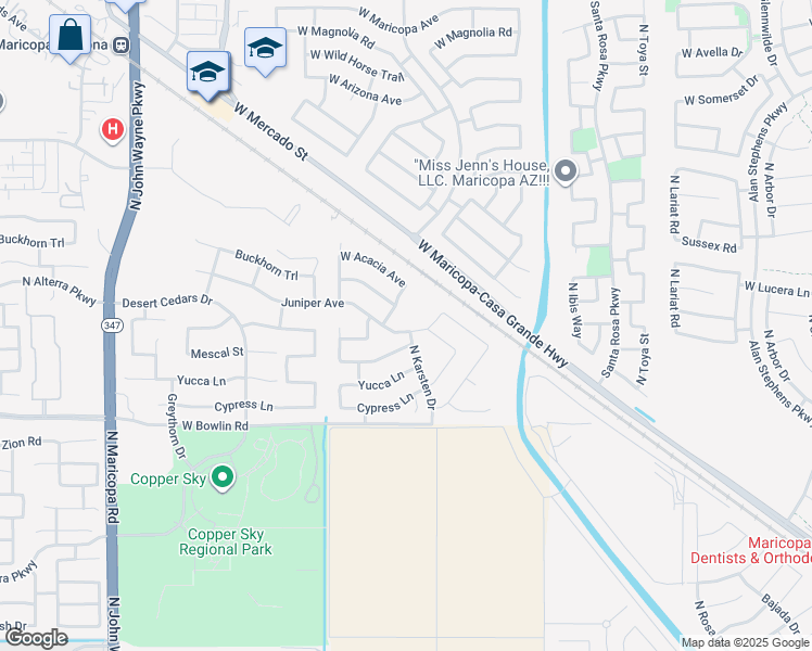 map of restaurants, bars, coffee shops, grocery stores, and more near 43604 Mescal Street in Maricopa