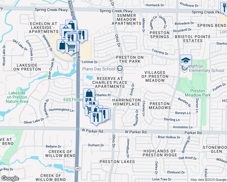 map of restaurants, bars, coffee shops, grocery stores, and more near 4701 Charles Place in Plano