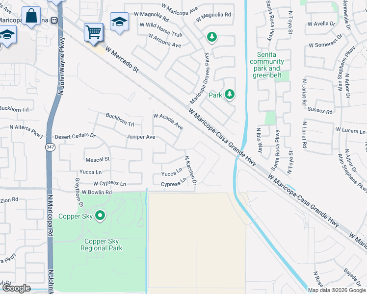 map of restaurants, bars, coffee shops, grocery stores, and more near 43604 Mescal Street in Maricopa