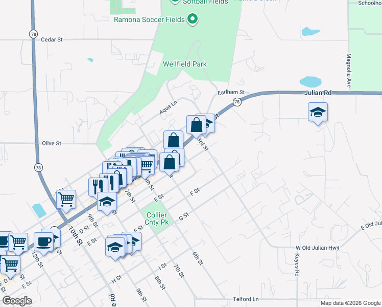 map of restaurants, bars, coffee shops, grocery stores, and more near 327 D Street in Ramona