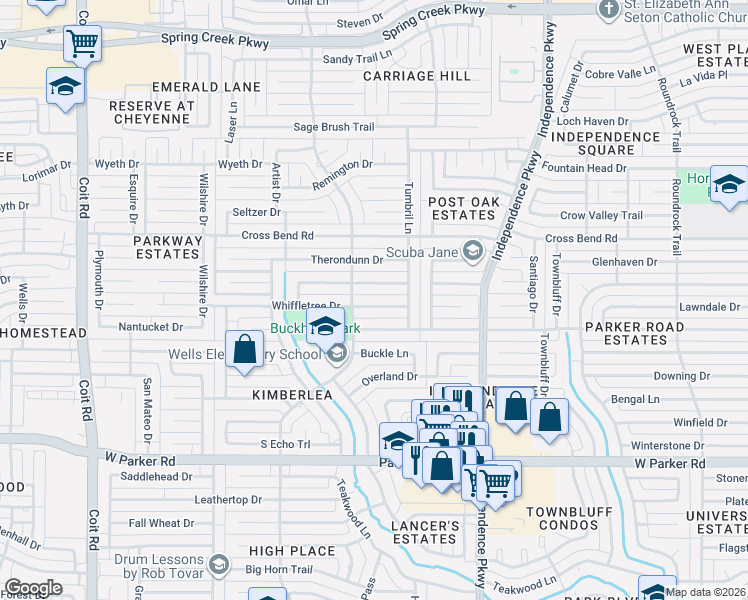 map of restaurants, bars, coffee shops, grocery stores, and more near 3324 Whiffletree Drive in Plano