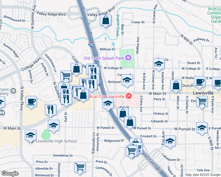 map of restaurants, bars, coffee shops, grocery stores, and more near 647 West Main Street in Lewisville