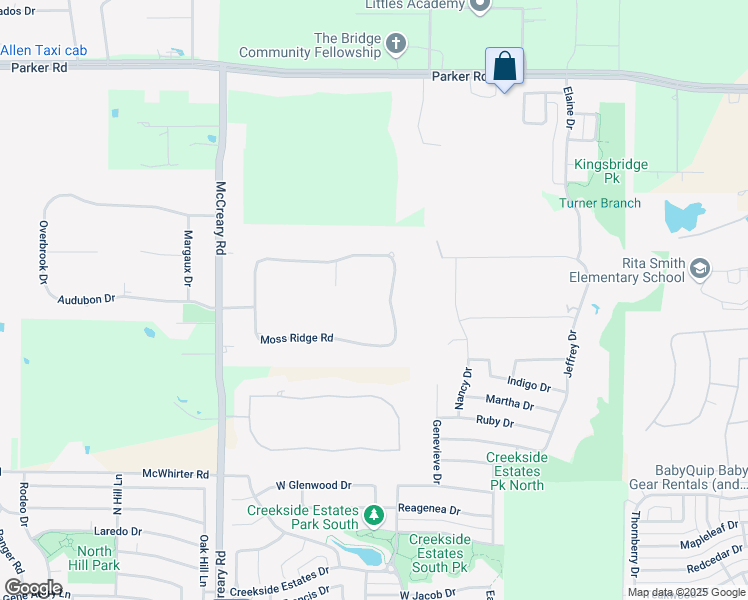 map of restaurants, bars, coffee shops, grocery stores, and more near 7262 Moss Ridge Road in Allen