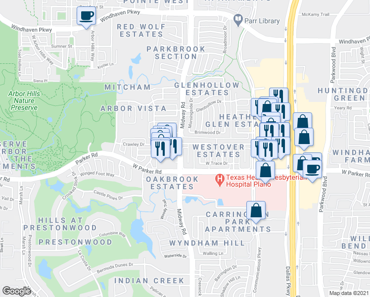 map of restaurants, bars, coffee shops, grocery stores, and more near 3400 Westway Court in Plano