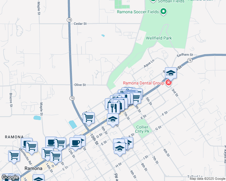map of restaurants, bars, coffee shops, grocery stores, and more near 102 7th Street in Ramona