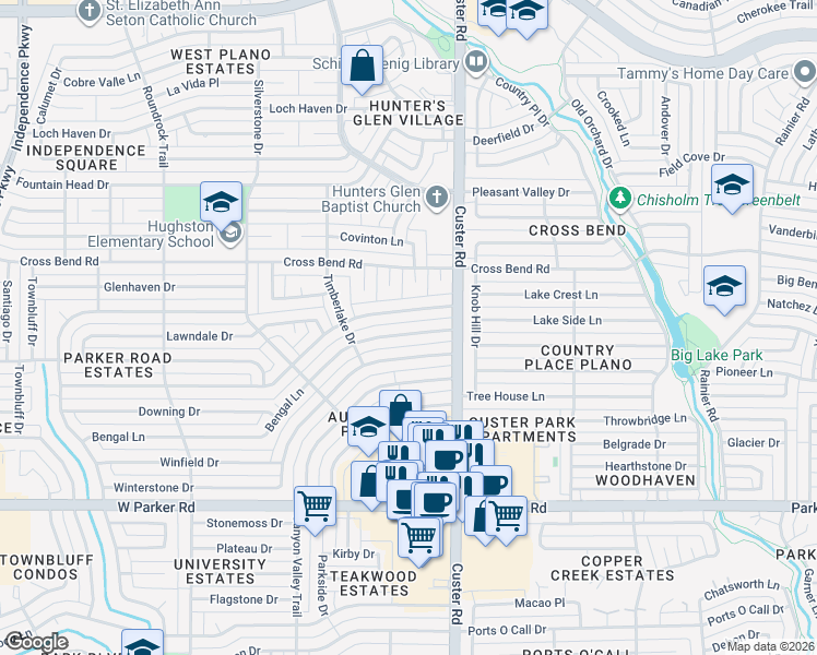 map of restaurants, bars, coffee shops, grocery stores, and more near 2112 Bengal Lane in Plano