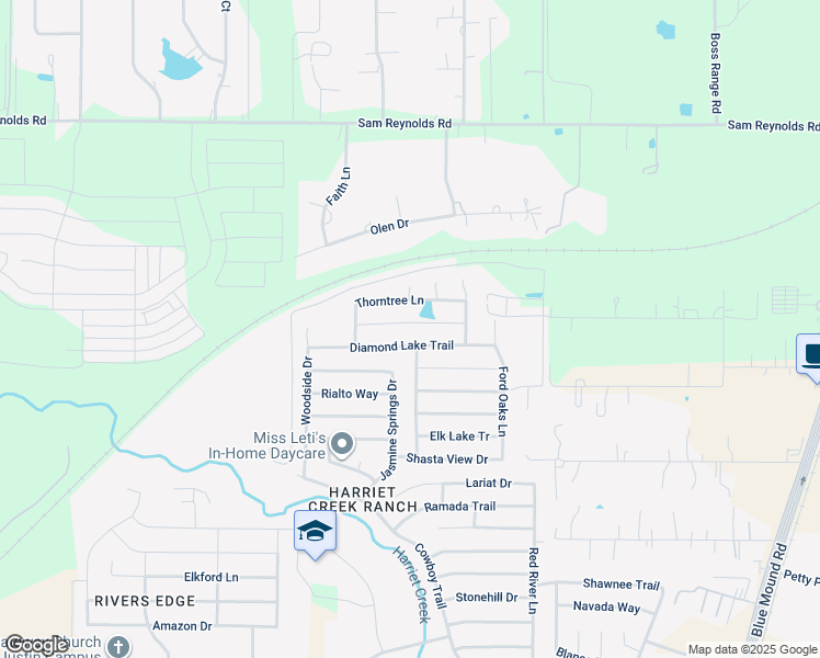 map of restaurants, bars, coffee shops, grocery stores, and more near 1800 Trego Drive in Justin