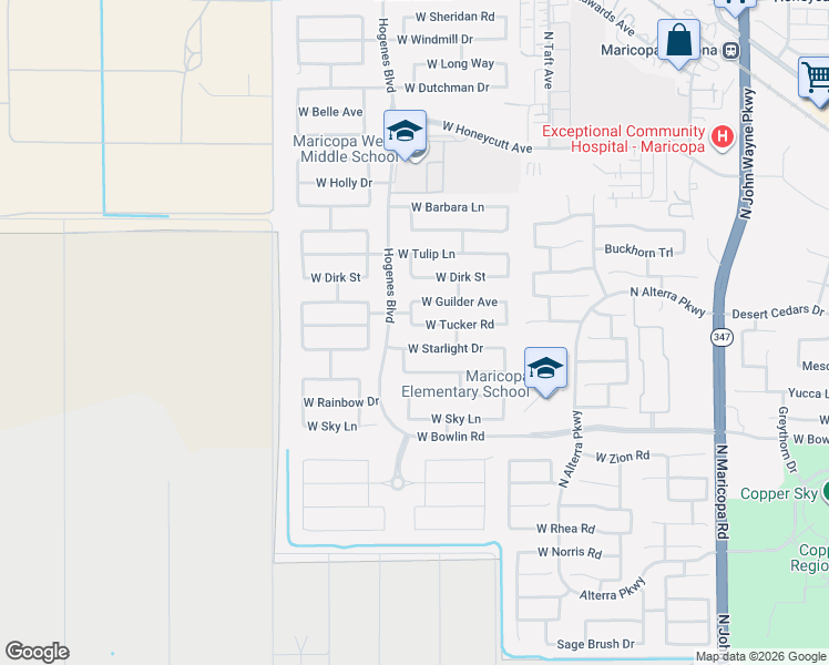 map of restaurants, bars, coffee shops, grocery stores, and more near 18332 Kari Lane in Maricopa