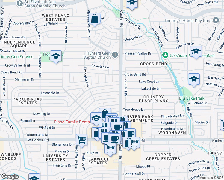 map of restaurants, bars, coffee shops, grocery stores, and more near 2112 Bengal Lane in Plano