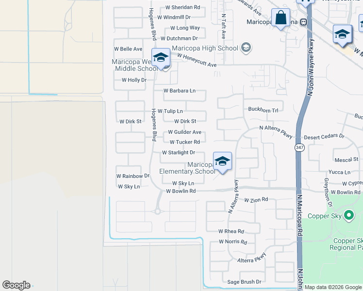 map of restaurants, bars, coffee shops, grocery stores, and more near 45653 Tucker Road in Maricopa