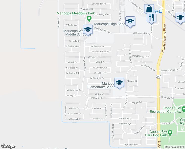 map of restaurants, bars, coffee shops, grocery stores, and more near 45751 West Tucker Road in Maricopa