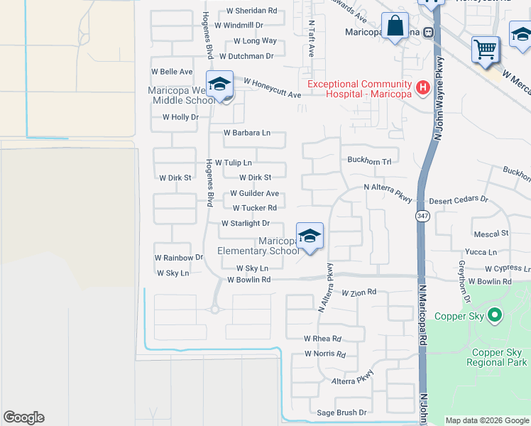 map of restaurants, bars, coffee shops, grocery stores, and more near 45562 Starlight Drive in Maricopa