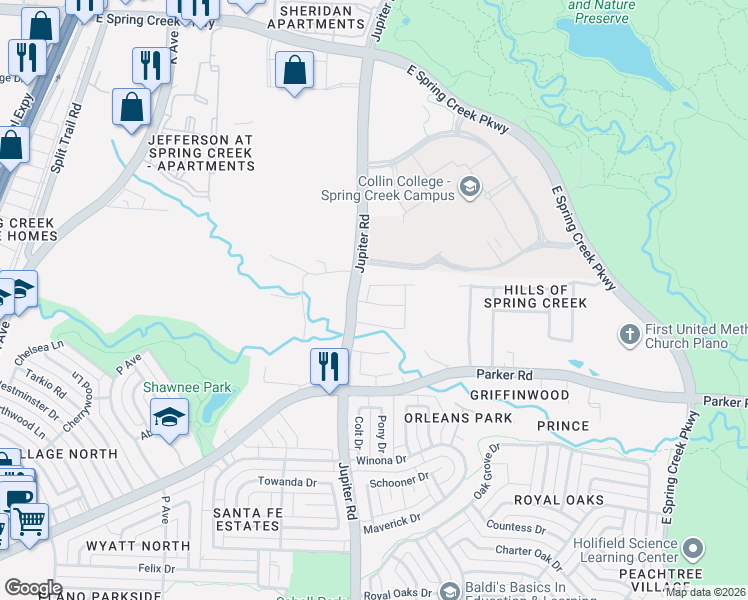 map of restaurants, bars, coffee shops, grocery stores, and more near 2416 Balmoral Drive in Plano