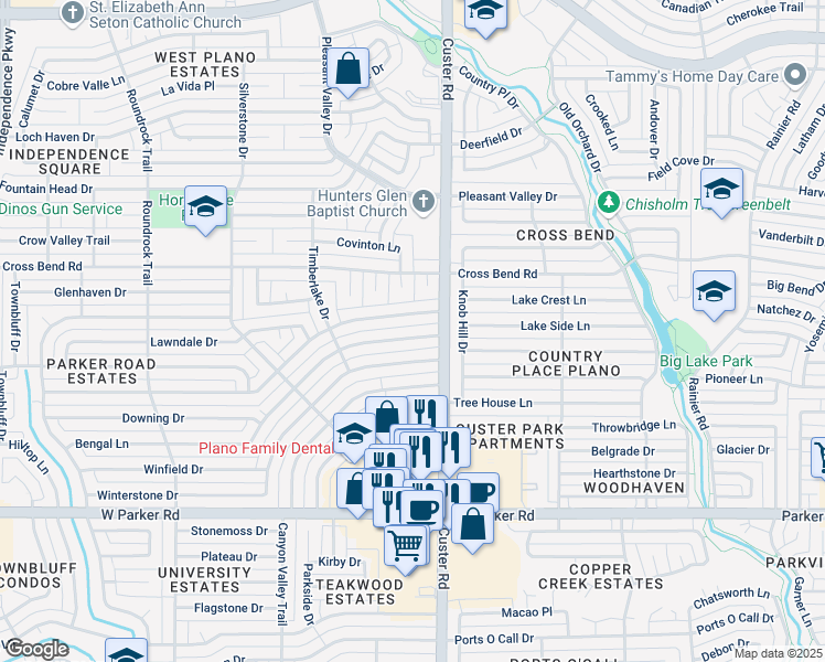 map of restaurants, bars, coffee shops, grocery stores, and more near 2112 Bengal Lane in Plano