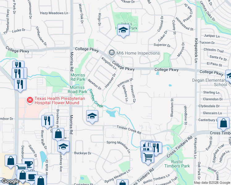 map of restaurants, bars, coffee shops, grocery stores, and more near 1760 Prescott Drive in Flower Mound