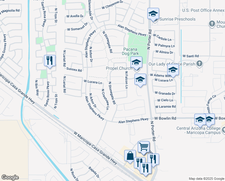 map of restaurants, bars, coffee shops, grocery stores, and more near 18405 North Stonegate Road in Maricopa