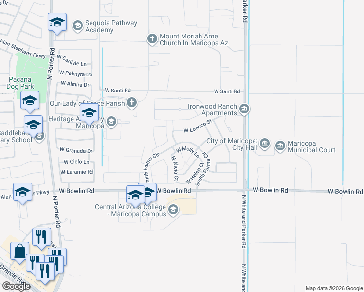 map of restaurants, bars, coffee shops, grocery stores, and more near 18351 North Betty Court in Maricopa