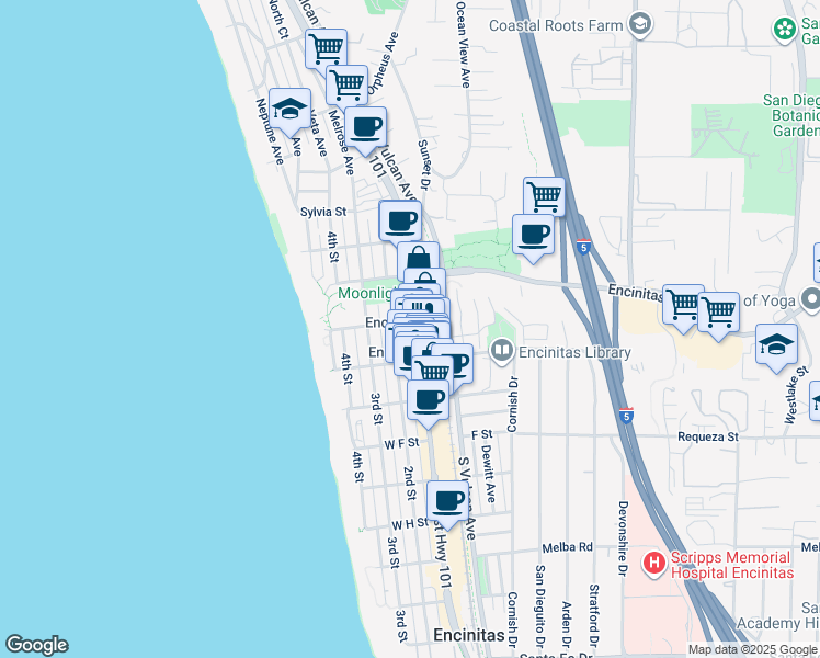 map of restaurants, bars, coffee shops, grocery stores, and more near 466 County Highway S21 in Encinitas