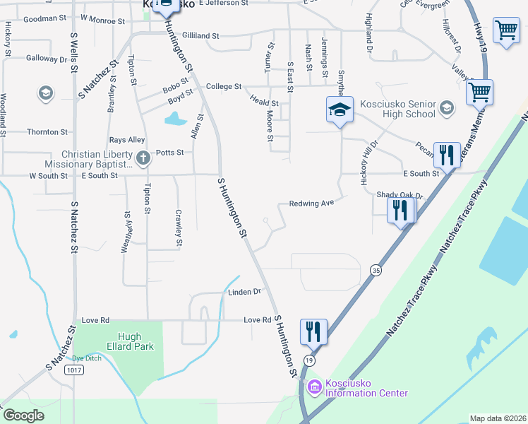map of restaurants, bars, coffee shops, grocery stores, and more near 700 Arrowhead Drive in Kosciusko