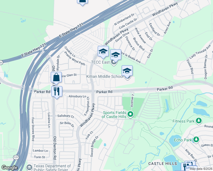 map of restaurants, bars, coffee shops, grocery stores, and more near 2429 Windsor Castle Way in Lewisville