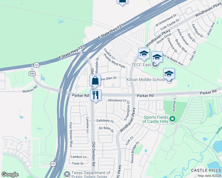 map of restaurants, bars, coffee shops, grocery stores, and more near 2305 Almsbury Lane in Lewisville