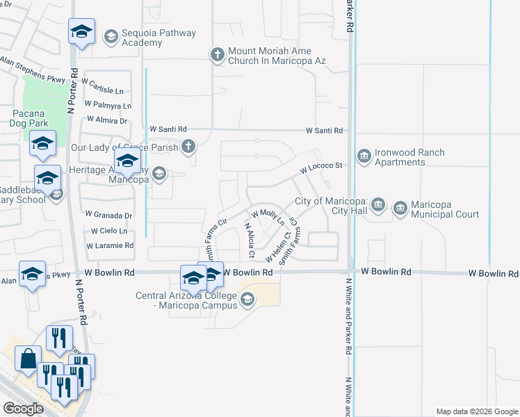 map of restaurants, bars, coffee shops, grocery stores, and more near 18351 North Betty Court in Maricopa