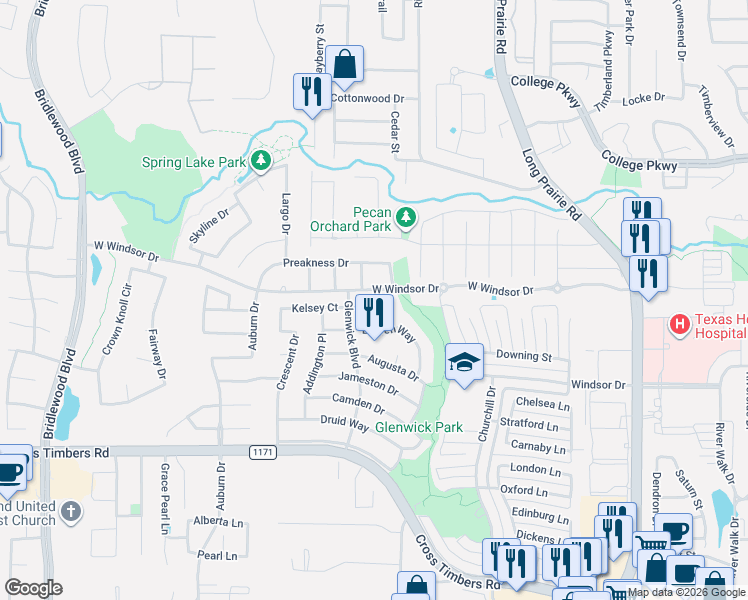 map of restaurants, bars, coffee shops, grocery stores, and more near 3305 Kelsey Court in Flower Mound