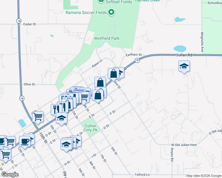 map of restaurants, bars, coffee shops, grocery stores, and more near 337 D Street in Ramona