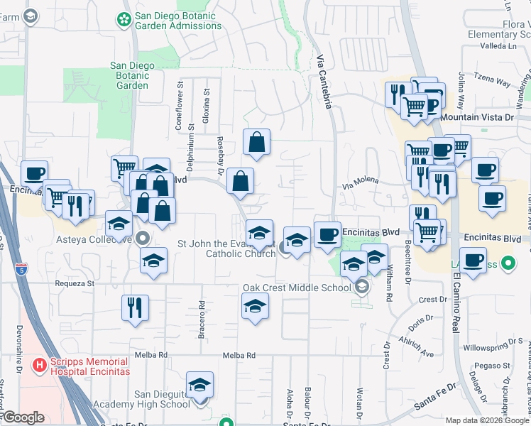 map of restaurants, bars, coffee shops, grocery stores, and more near 924 Encinitas Boulevard in Encinitas